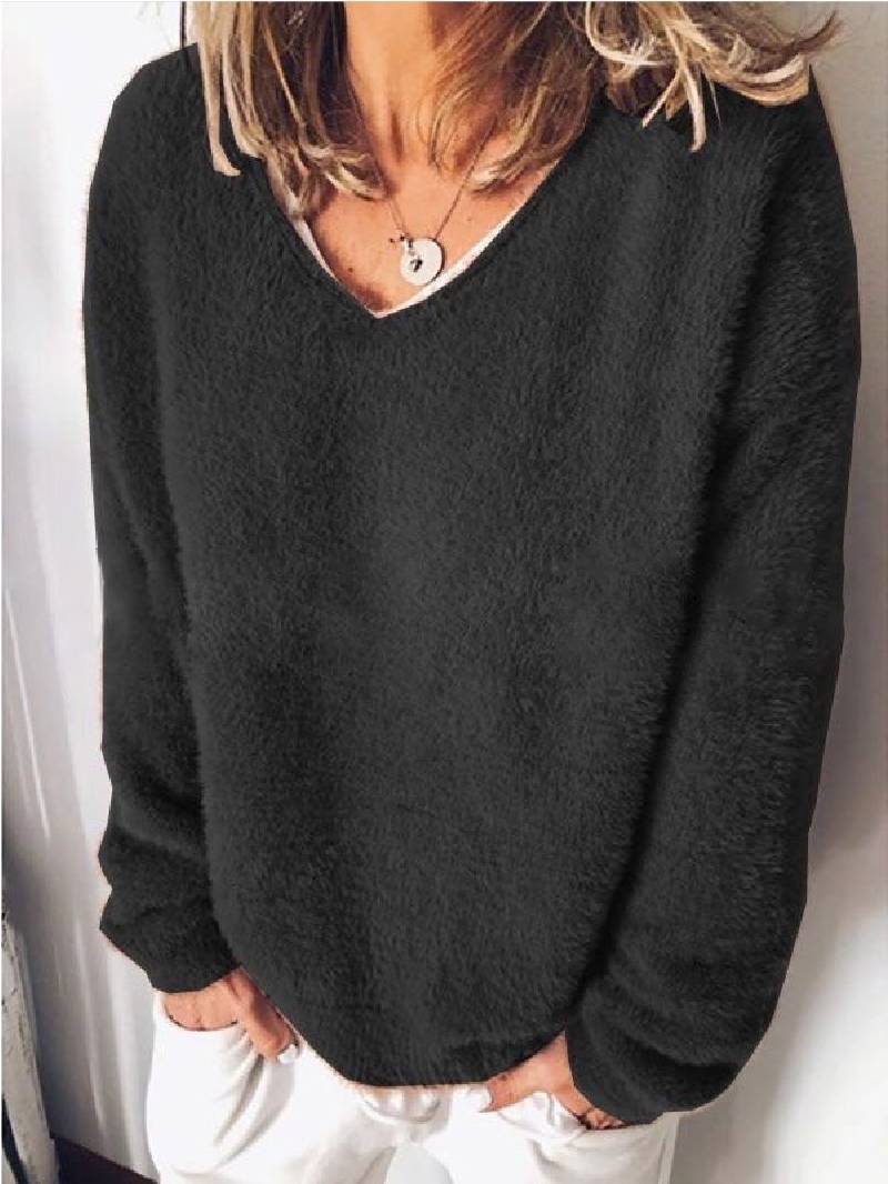 Fluffy Sweater | Loose Fit | Long Sleeve | V-Neck Jumper | Women's Clothing-Grace Aura