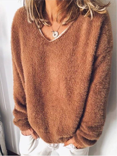 Fluffy Sweater | Loose Fit | Long Sleeve | V-Neck Jumper | Women's Clothing-Grace Aura