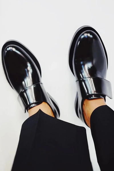 Formal Loafers - Women's Shiny Black Flat Dress Shoes-Grace Aura