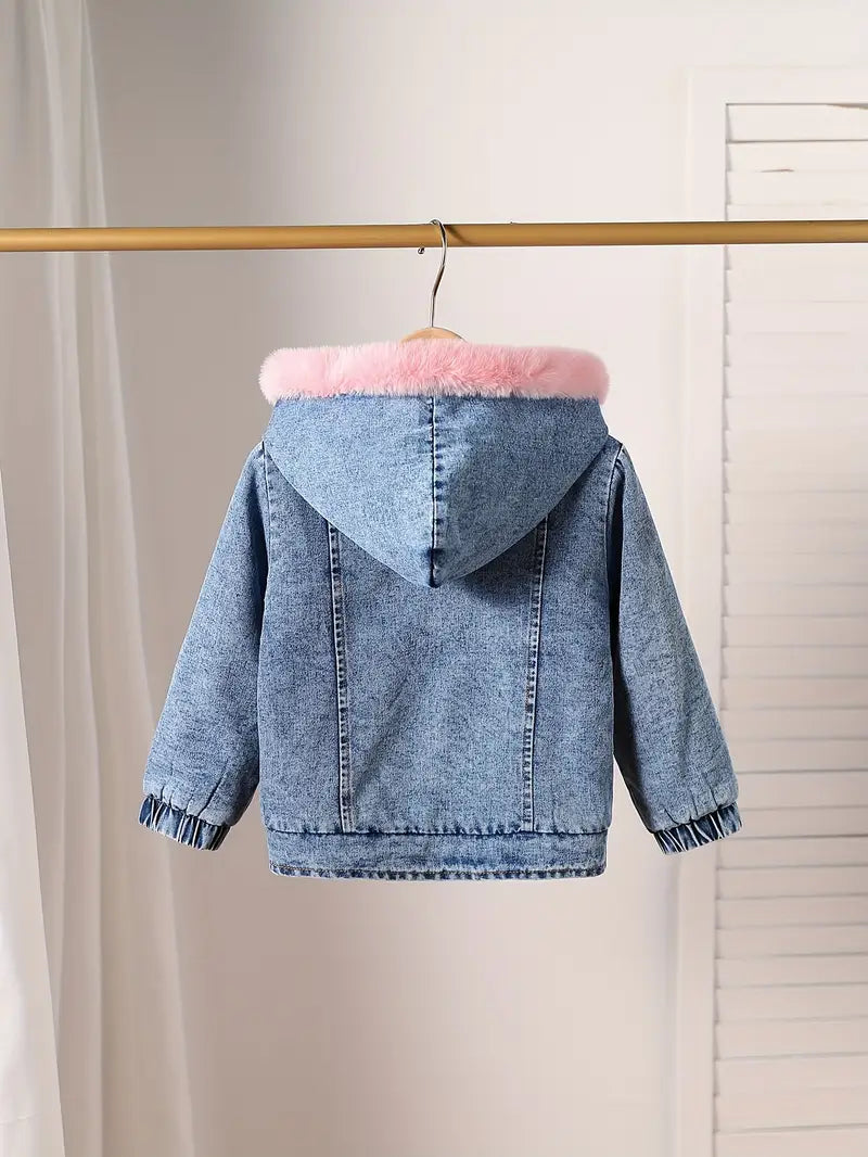 Fur Lined Denim Jacket - Girl's Pink Blue Hooded Denim Jacket-Grace Aura