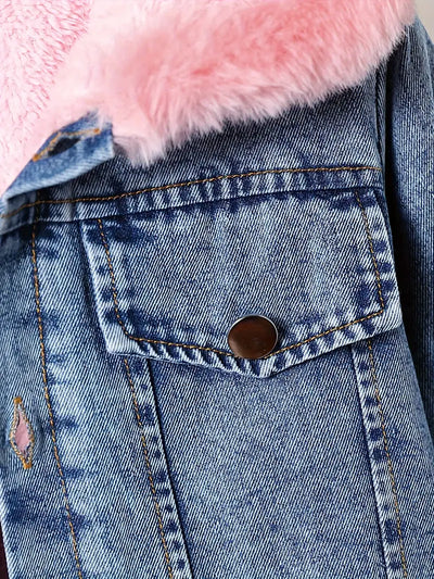 Fur Lined Denim Jacket - Girl's Pink Blue Hooded Denim Jacket-Grace Aura