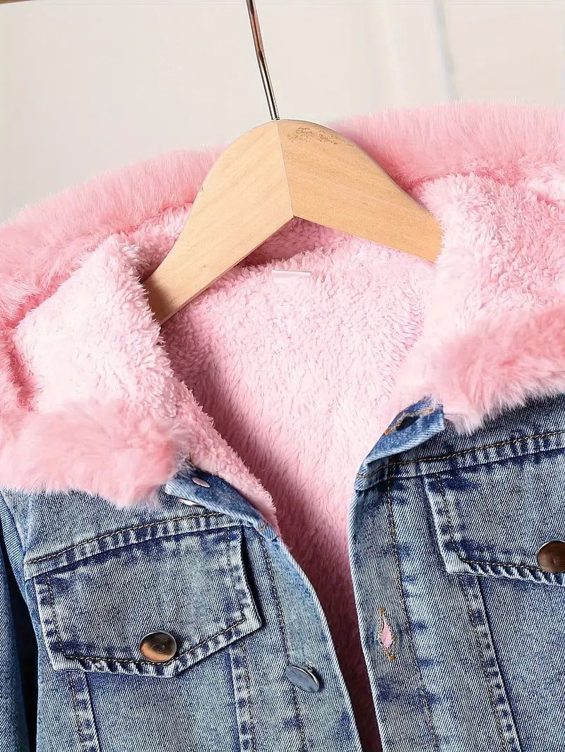 Fur Lined Denim Jacket - Girl's Pink Blue Hooded Denim Jacket-Grace Aura