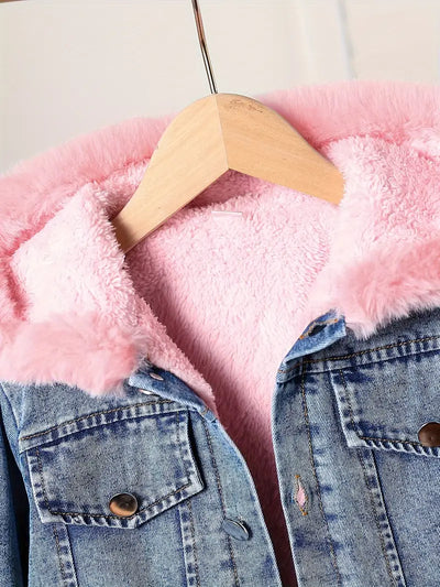 Fur Lined Denim Jacket - Girl's Pink Blue Hooded Denim Jacket-Grace Aura