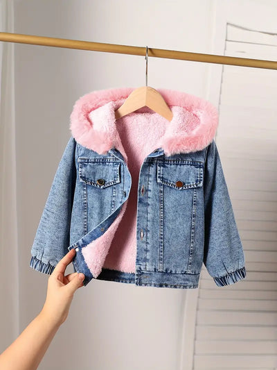 Fur Lined Denim Jacket - Girl's Pink Blue Hooded Denim Jacket-Grace Aura