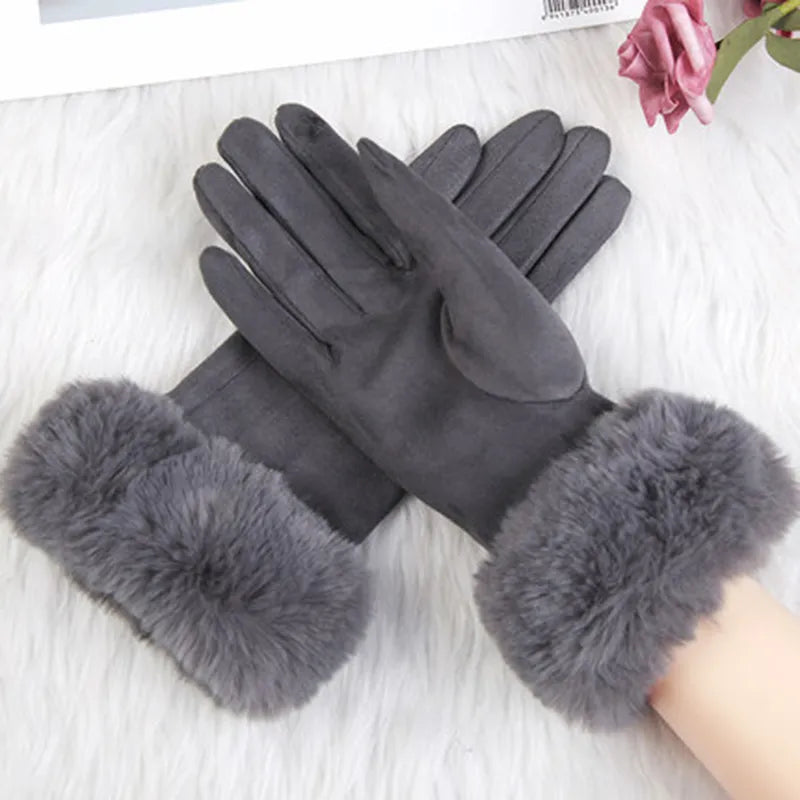 Fur Lined Gloves - Women's Warm Faux Fur Velvet Winter Gloves-Grace Aura