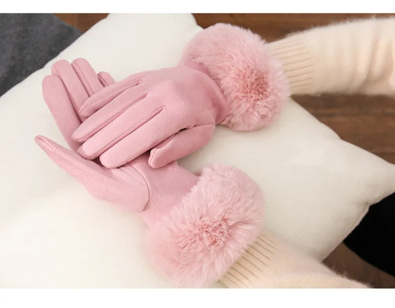 Fur Lined Gloves - Women's Warm Faux Fur Velvet Winter Gloves-Grace Aura