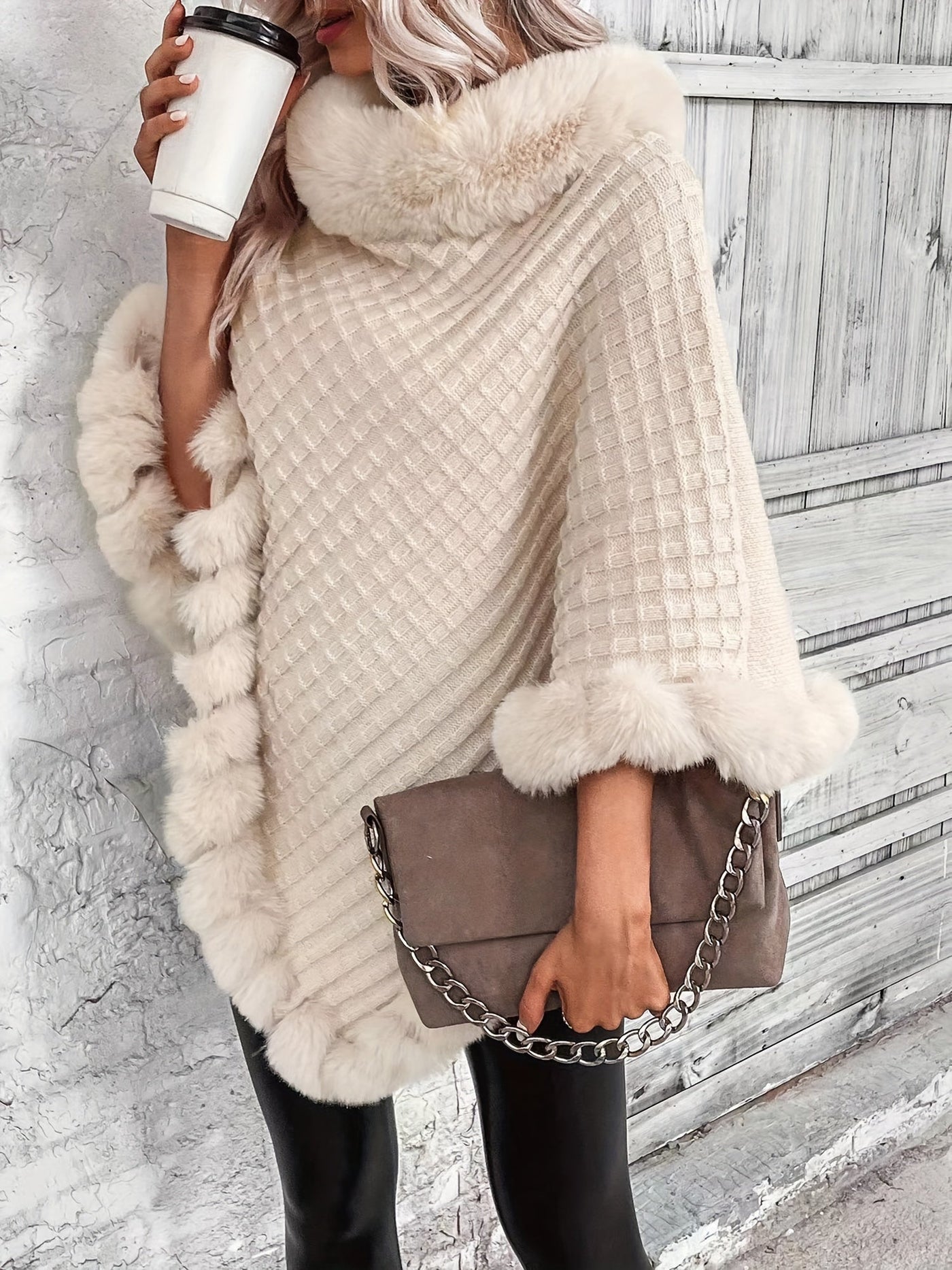 Fur Poncho - Stylish - Faux Fur - Knitted Poncho - Women's Clothing-Grace Aura
