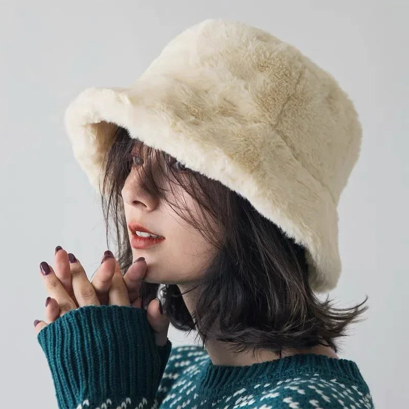 Fuzzy Bucket Hat - Women's Fluffy Fur Bucket Hat for Winter-Grace Aura