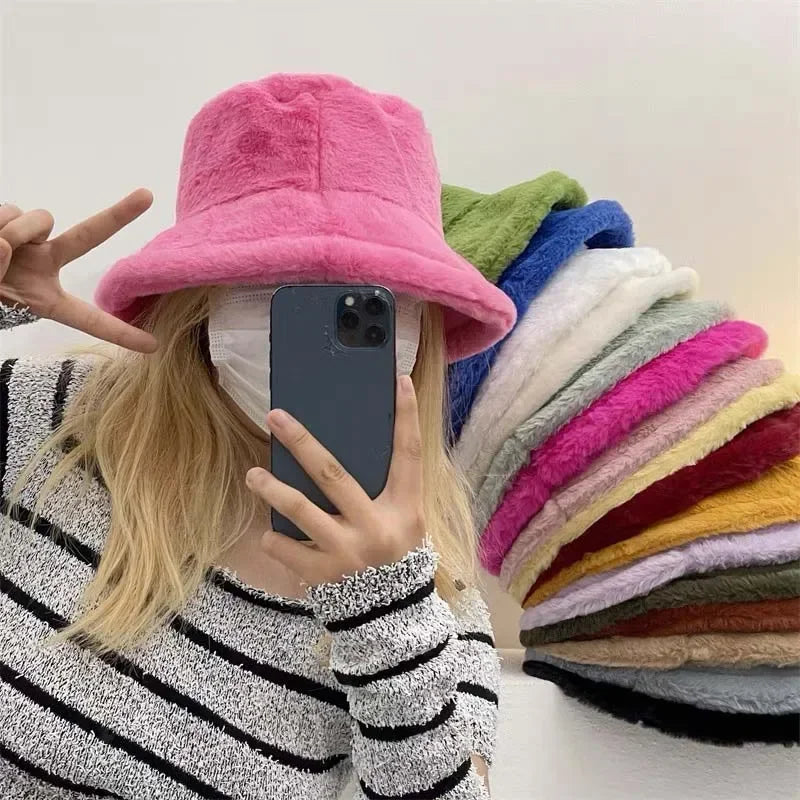 Fuzzy Bucket Hat - Women's Fluffy Fur Bucket Hat for Winter-Grace Aura