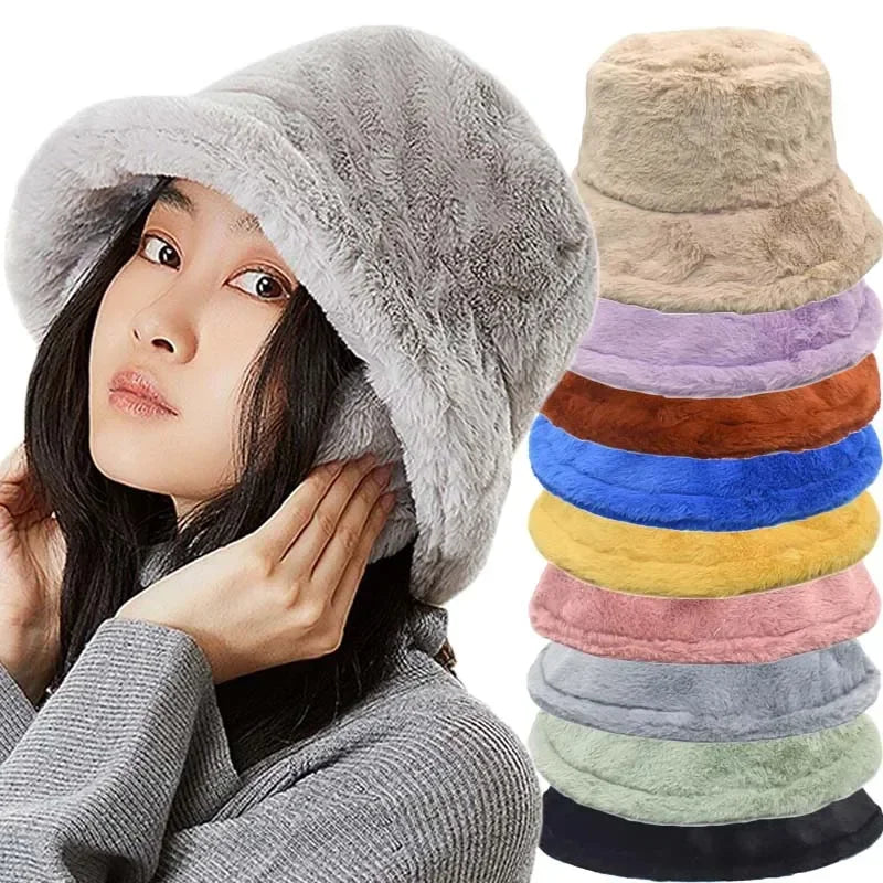 Fuzzy Bucket Hat - Women's Fluffy Fur Bucket Hat for Winter-Grace Aura