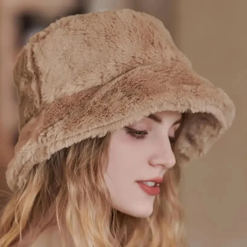 Fuzzy Bucket Hat - Women's Fluffy Fur Bucket Hat for Winter-Grace Aura
