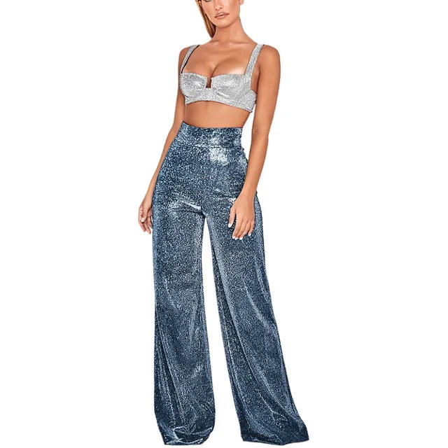 Glitter Pants - Women's High Waisted Wide Leg Sparkly Trousers-Grace Aura