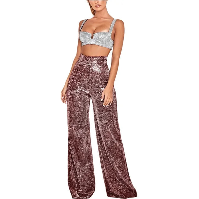 Glitter Pants - Women's High Waisted Wide Leg Sparkly Trousers-Grace Aura