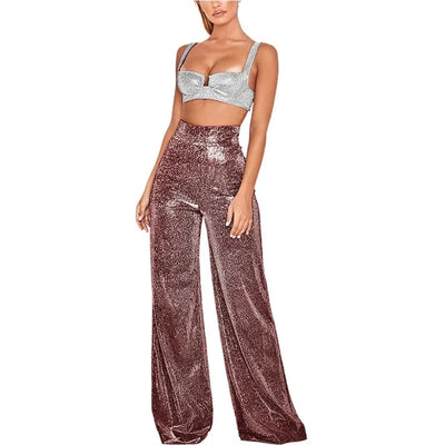 Glitter Pants - Women's High Waisted Wide Leg Sparkly Trousers-Grace Aura