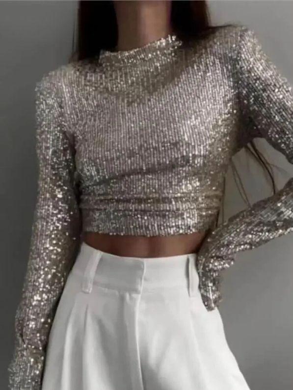 Glittery Top - Cropped - Long Sleeve - Sequin Top - Party Top-Grace Aura