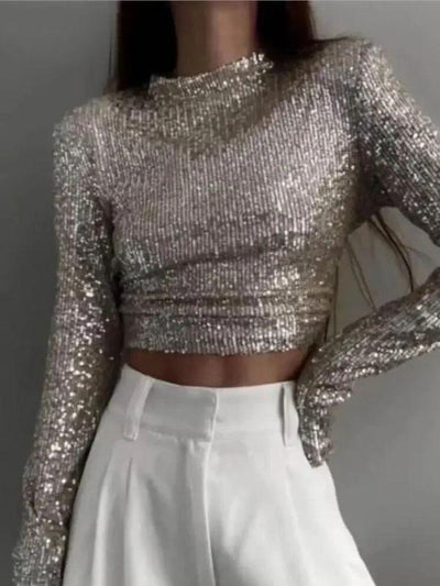 Glittery Top - Cropped - Long Sleeve - Sequin Top - Party Top-Grace Aura