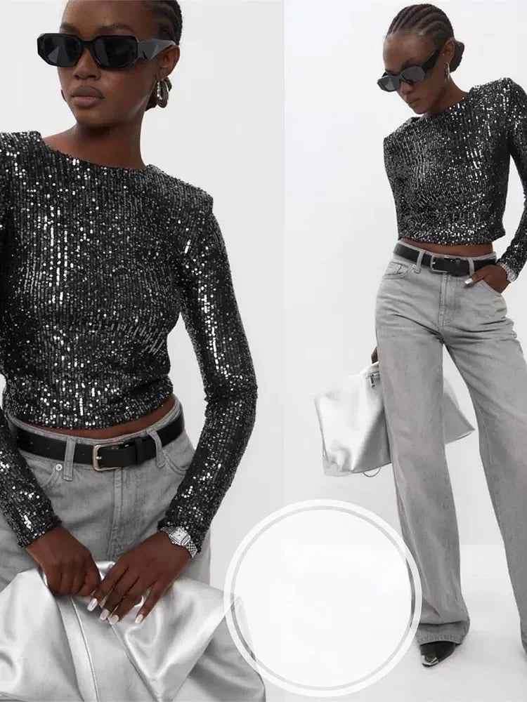 Glittery Top - Cropped - Long Sleeve - Sequin Top - Party Top-Grace Aura
