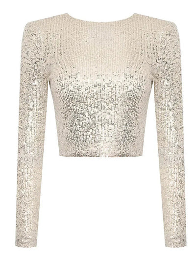 Glittery Top - Cropped - Long Sleeve - Sequin Top - Party Top-Grace Aura