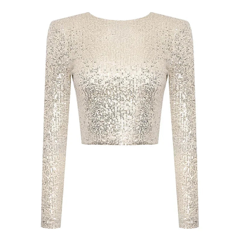 Glittery Top - Cropped - Long Sleeve - Sequin Top - Party Top-Grace Aura