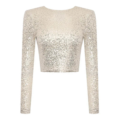 Glittery Top - Cropped - Long Sleeve - Sequin Top - Party Top-Grace Aura