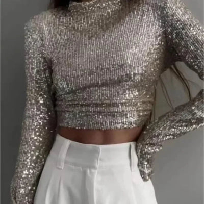 Glittery Top - Cropped - Long Sleeve - Sequin Top - Party Top-Grace Aura
