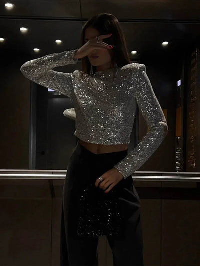 Glittery Top - Cropped - Long Sleeve - Sequin Top - Party Top-Grace Aura