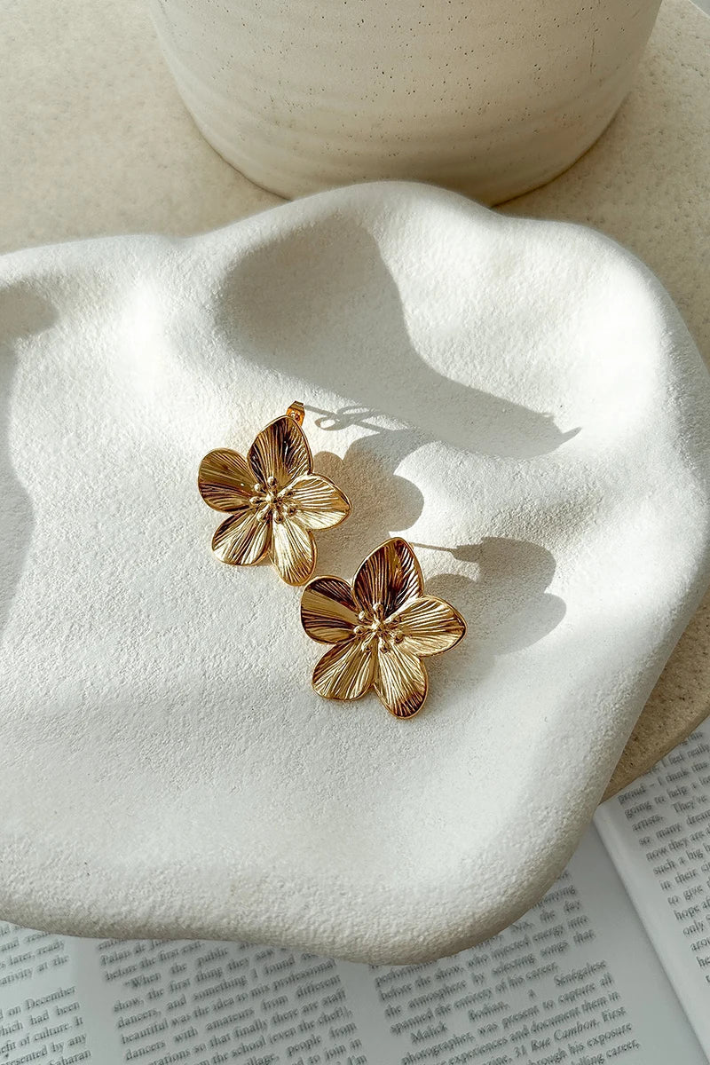Gold Flower Earrings - Golden - Stud - Flower Earrings - Women's Earrings-Grace Aura