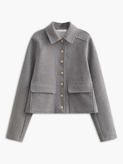 Grey Jacket - Short - Lapel - Woolen Jacket - Women's Jacket-Grace Aura