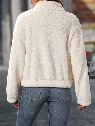 Half Zip Fleece - Women's Warm White Teddy Fleece Pullover-Grace Aura
