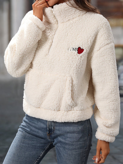 Half Zip Fleece - Women's Warm White Teddy Fleece Pullover-Grace Aura