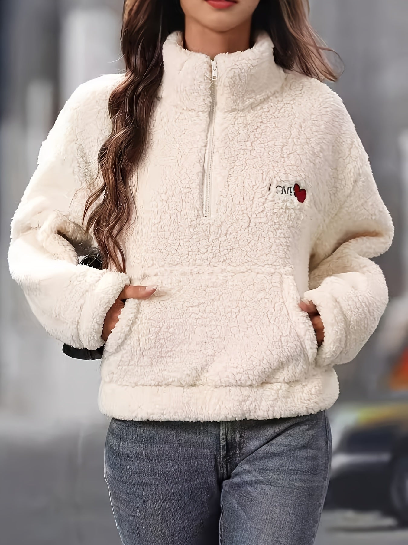 Half Zip Fleece - Women's Warm White Teddy Fleece Pullover-Grace Aura