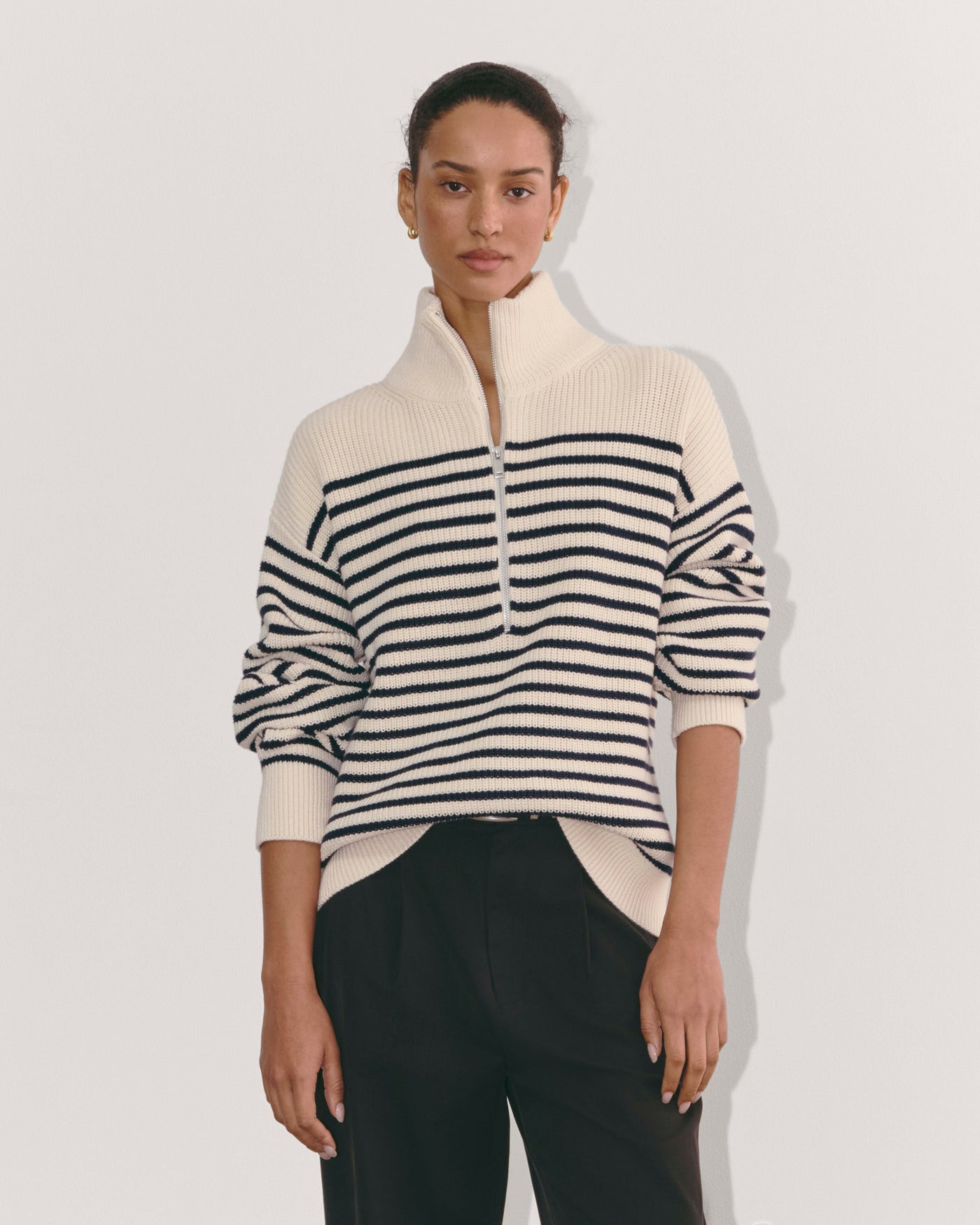 Half-Zip Jumper | Striped | Black and White | Half-Zip Pullover | Women's Knitted Jumper-Grace Aura