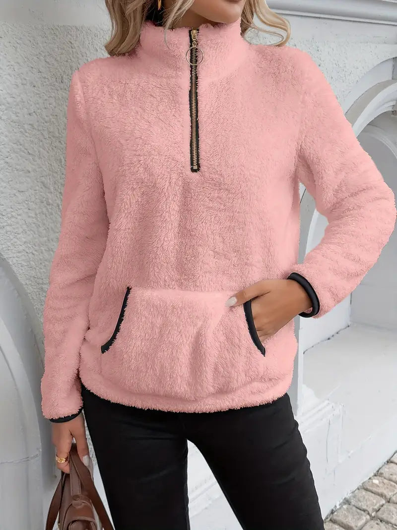Half-Zip Pullover - Women's Plush Quarter-Zip Fleece Sweater-Grace Aura