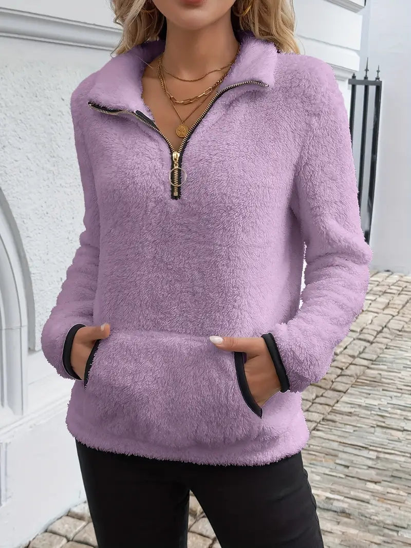 Half-Zip Pullover - Women's Plush Quarter-Zip Fleece Sweater-Grace Aura