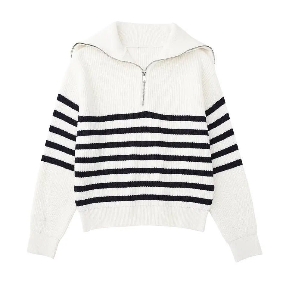 Half Zip Sweater - Rib Knit - Loose Fit - Knitted Jumper - Women's Clothing-Grace Aura