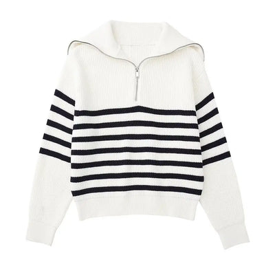 Half Zip Sweater - Rib Knit - Loose Fit - Knitted Jumper - Women's Clothing-Grace Aura