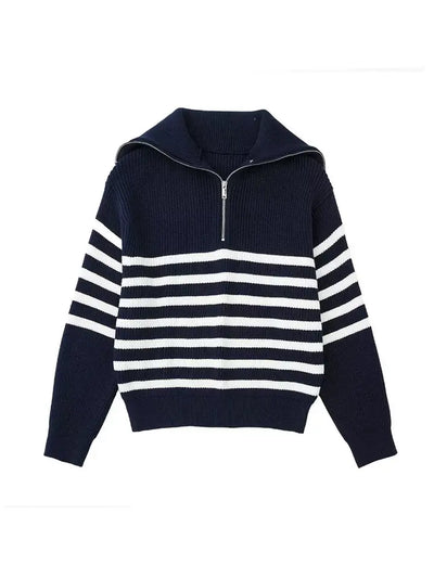 Half Zip Sweater - Rib Knit - Loose Fit - Knitted Jumper - Women's Clothing-Grace Aura