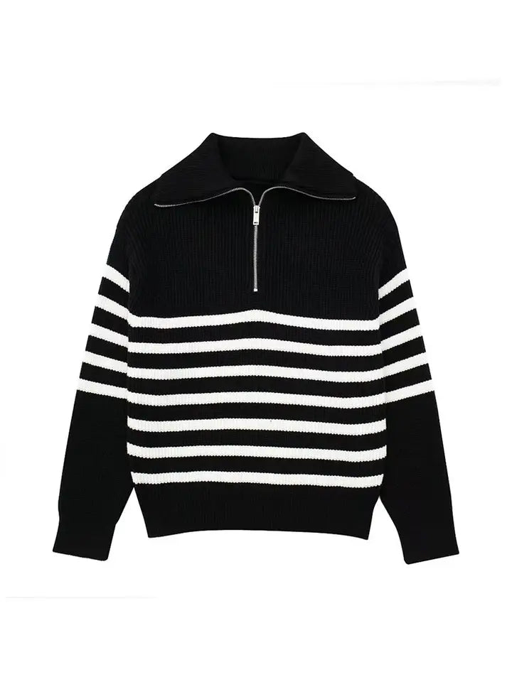 Half Zip Sweater - Rib Knit - Loose Fit - Knitted Jumper - Women's Clothing-Grace Aura