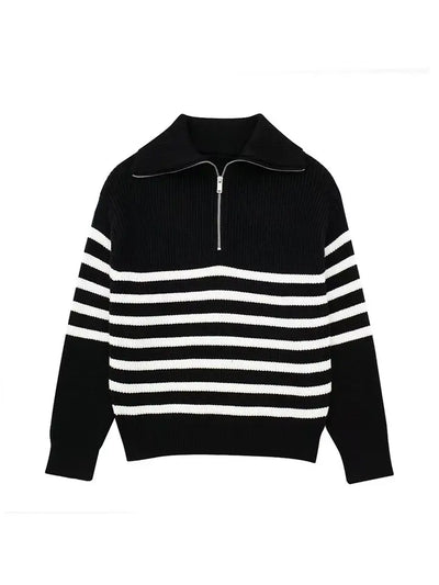 Half Zip Sweater - Rib Knit - Loose Fit - Knitted Jumper - Women's Clothing-Grace Aura
