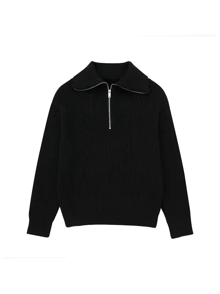 Half Zip Sweater - Rib Knit - Loose Fit - Knitted Jumper - Women's Clothing-Grace Aura