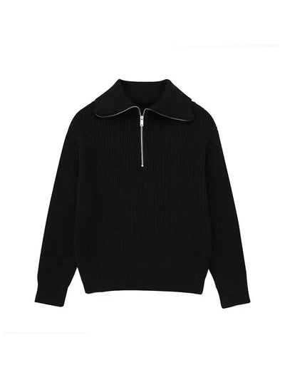 Half Zip Sweater - Rib Knit - Loose Fit - Knitted Jumper - Women's Clothing-Grace Aura