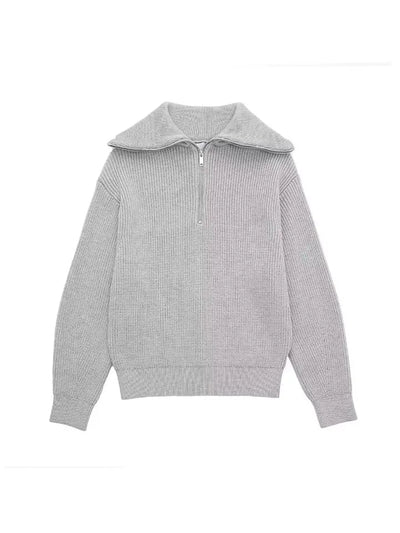 Half Zip Sweater - Rib Knit - Loose Fit - Knitted Jumper - Women's Clothing-Grace Aura