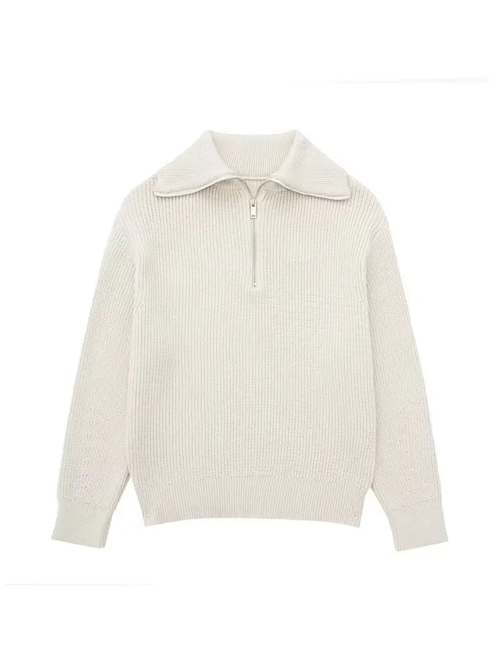 Half Zip Sweater - Rib Knit - Loose Fit - Knitted Jumper - Women's Clothing-Grace Aura