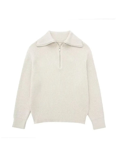 Half Zip Sweater - Rib Knit - Loose Fit - Knitted Jumper - Women's Clothing-Grace Aura