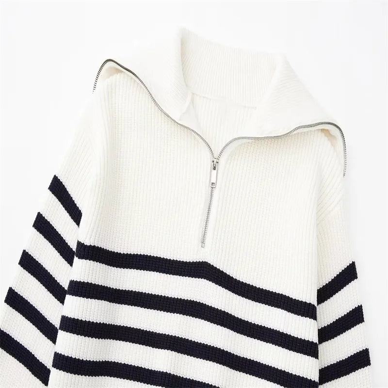 Half Zip Sweater - Rib Knit - Loose Fit - Knitted Jumper - Women's Clothing-Grace Aura