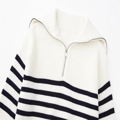 Half Zip Sweater - Rib Knit - Loose Fit - Knitted Jumper - Women's Clothing-Grace Aura