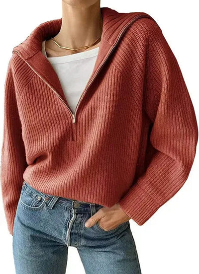 Half-Zip Sweater - Rib Knit - Relaxed Fit - Knitted Jumper - Women's Knitwear-Grace Aura
