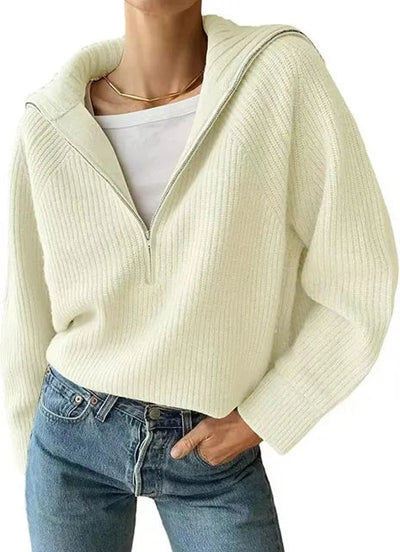 Half-Zip Sweater - Rib Knit - Relaxed Fit - Knitted Jumper - Women's Knitwear-Grace Aura