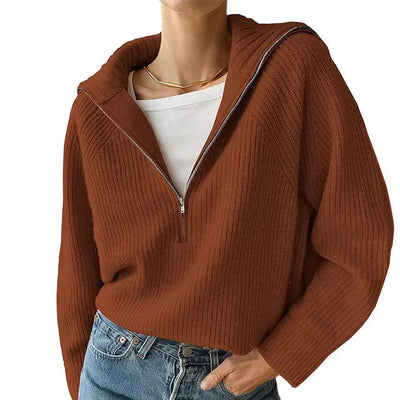 Half-Zip Sweater - Rib Knit - Relaxed Fit - Knitted Jumper - Women's Knitwear-Grace Aura