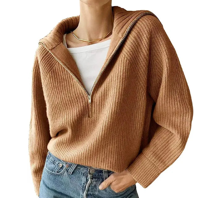 Half-Zip Sweater - Rib Knit - Relaxed Fit - Knitted Jumper - Women's Knitwear-Grace Aura
